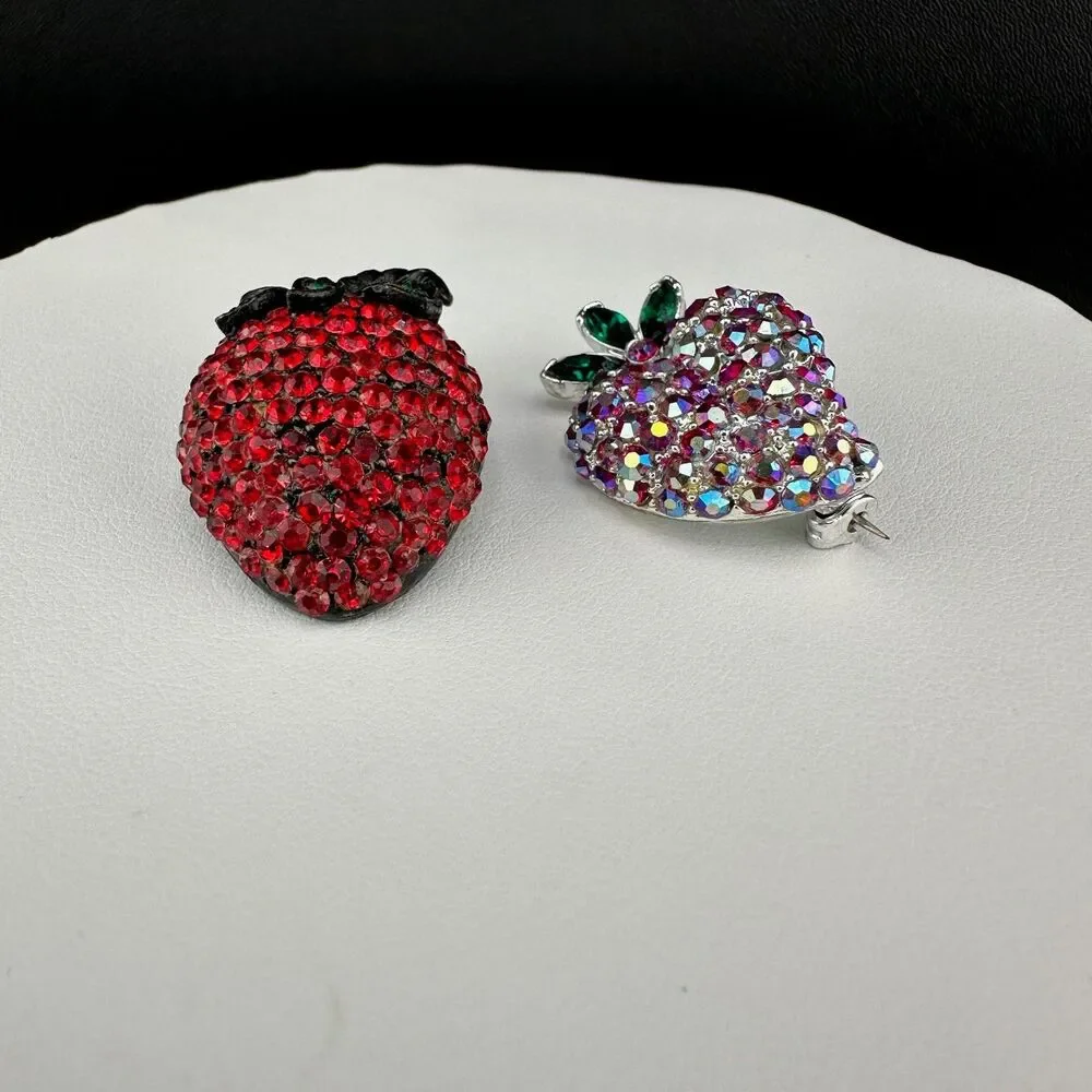 Vintage Rhinestone Strawberry Brooch Pin Lot 1 Signed Weiss 1 AB Figural Fruit